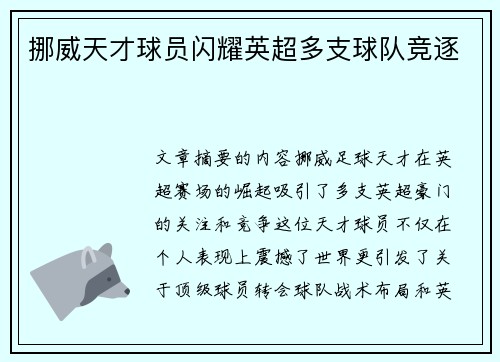 挪威天才球员闪耀英超多支球队竞逐